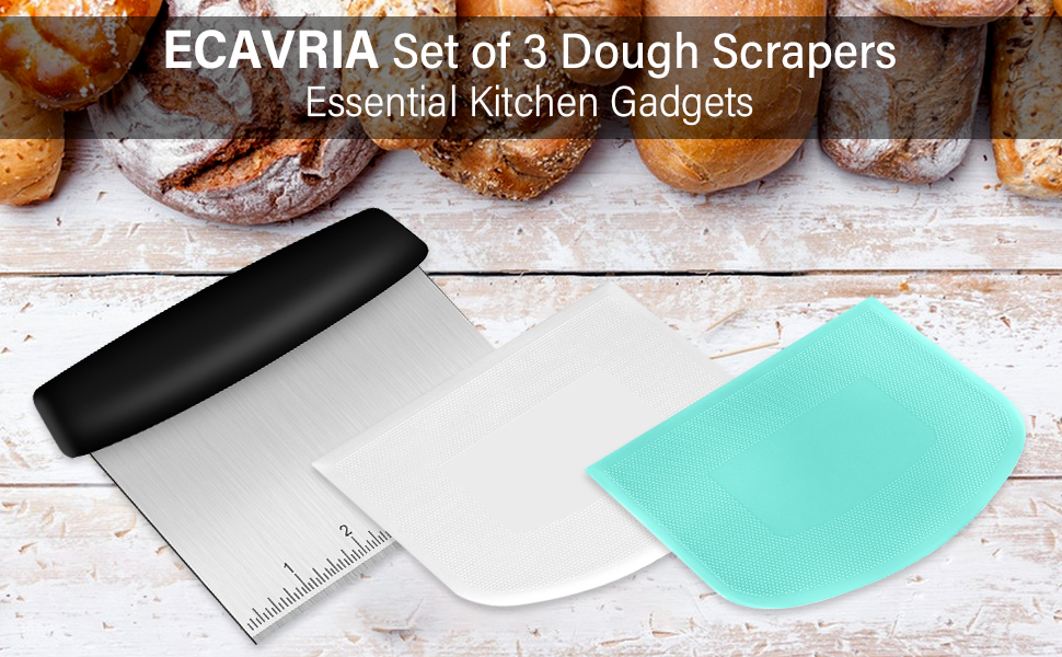 Bench Scraper, Premium Stainless Steel Dough Scraper with 2 PCS Flexible Bowl Scraper, Dough Cutter with Measuring Scale, Versatile Kitchen Scraper Set for Pastry Bread Pizza Cake
