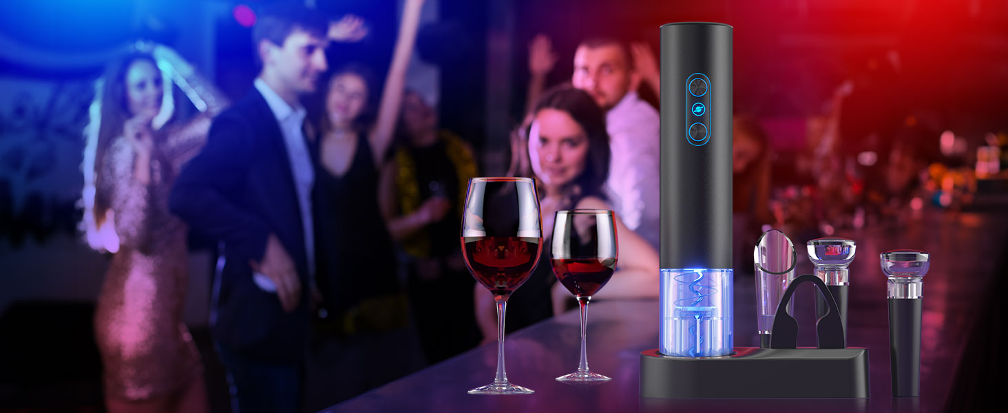Electric Wine Opener, Rechargeable Cordless Wine Accessories, Stainless Steel Cordless Automatic Wine Bottle Corkscrew with Vacuum Stoppers, Foil Cutter for Home Party Wedding, Bars(Black)