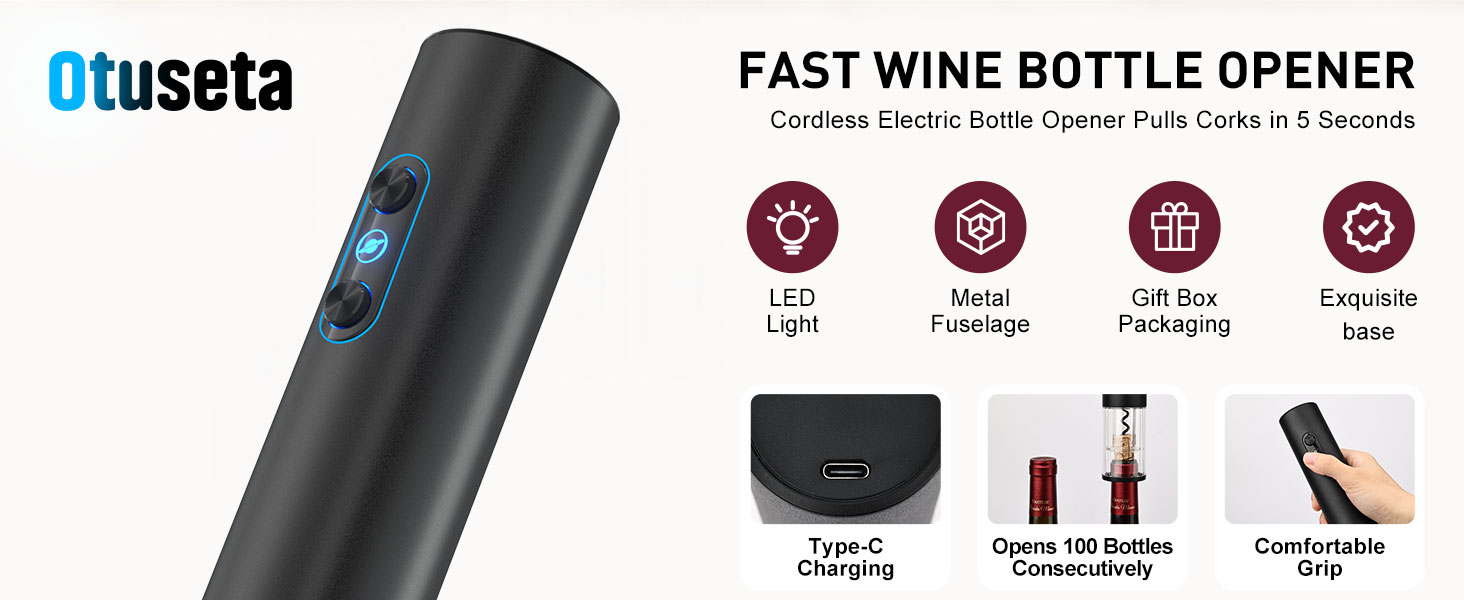 Electric Wine Opener, Rechargeable Cordless Wine Accessories, Stainless Steel Cordless Automatic Wine Bottle Corkscrew with Vacuum Stoppers, Foil Cutter for Home Party Wedding, Bars(Black)
