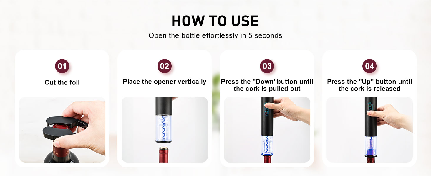 Electric Wine Opener, Rechargeable Cordless Wine Accessories, Stainless Steel Cordless Automatic Wine Bottle Corkscrew with Vacuum Stoppers, Foil Cutter for Home Party Wedding, Bars(Black)