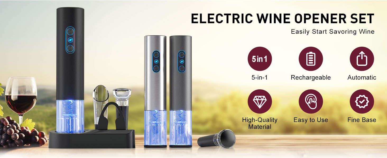 Electric Wine Opener, Rechargeable Cordless Wine Accessories, Stainless Steel Cordless Automatic Wine Bottle Corkscrew with Vacuum Stoppers, Foil Cutter for Home Party Wedding, Bars(Black)