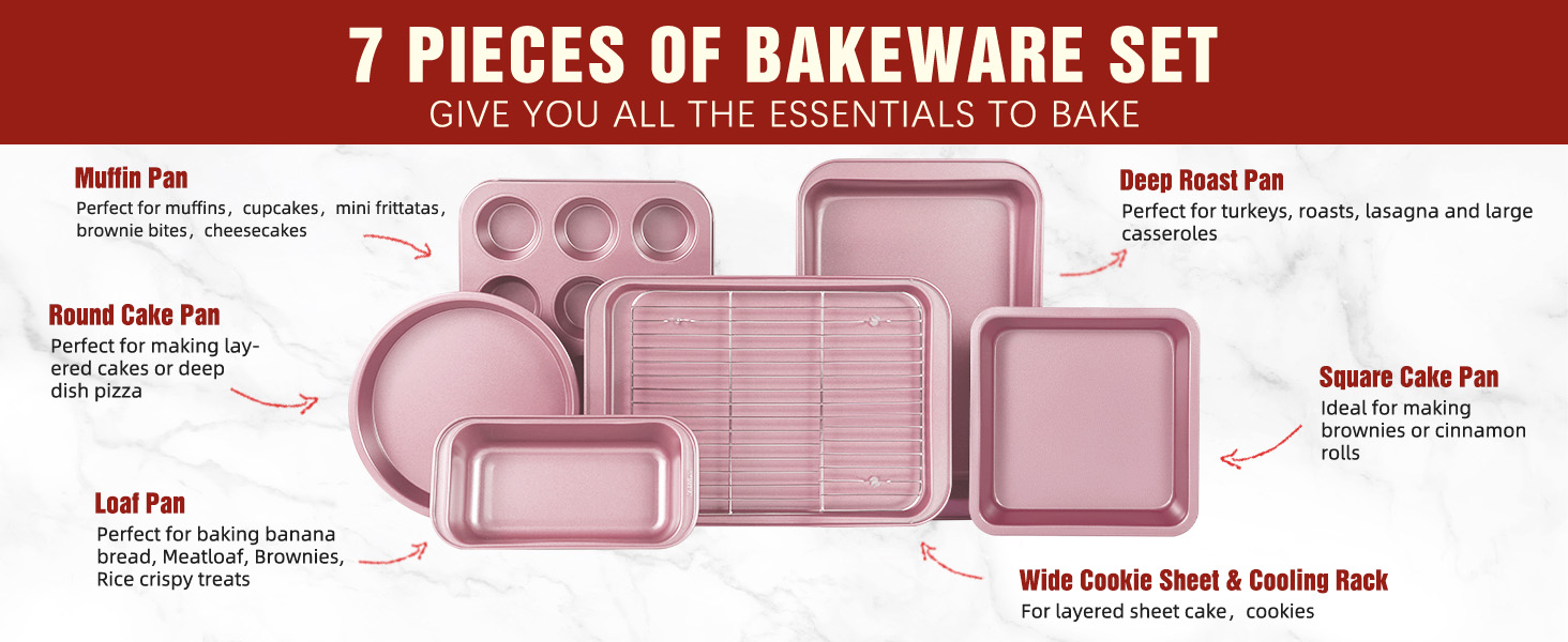 KITESSENSU Baking Pans Sets, Nonstick Bakeware Sets 7-Piece with Round/Square Cake Pan, Loaf Pan, Muffin Pan, Cookie Sheet, Roast Pan, Cooling Rack, Carbon Steel Bake Set Pink