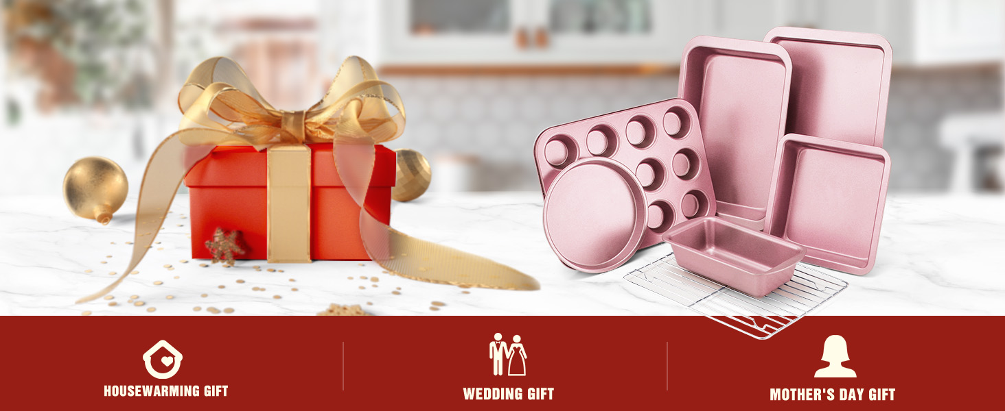 KITESSENSU Baking Pans Sets, Nonstick Bakeware Sets 7-Piece with Round/Square Cake Pan, Loaf Pan, Muffin Pan, Cookie Sheet, Roast Pan, Cooling Rack, Carbon Steel Bake Set Pink