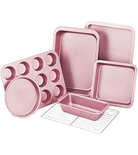 KITESSENSU Baking Pans Sets, Nonstick Bakeware Sets 7-Piece with Round/Square Cake Pan, Loaf Pan, Muffin Pan, Cookie Sheet, Roast Pan, Cooling Rack, Carbon Steel Bake Set Pink