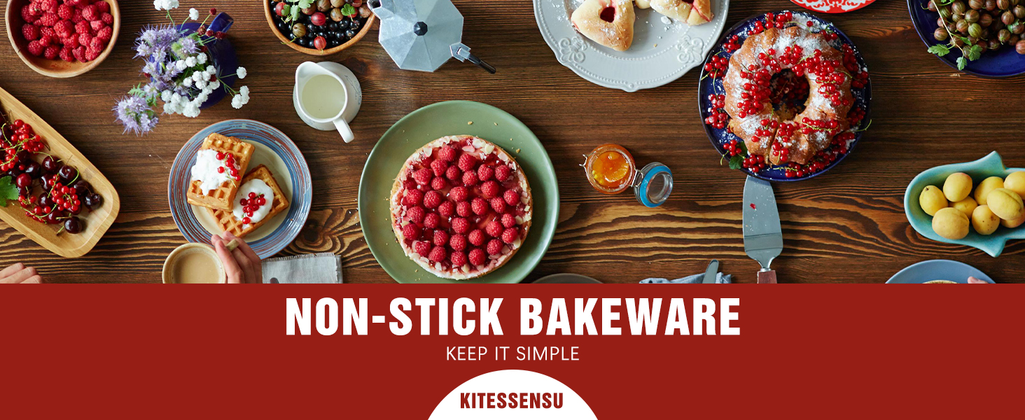 KITESSENSU Baking Pans Sets, Nonstick Bakeware Sets 7-Piece with Round/Square Cake Pan, Loaf Pan, Muffin Pan, Cookie Sheet, Roast Pan, Cooling Rack, Carbon Steel Bake Set Pink