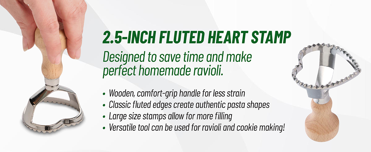 Fante’s Ravioli Maker Stamp With Wooden Handle, Fluted Heart Shape, For Homemade Pasta, Cookies, Everyday Meals, And Holidays, 2.5-Inch