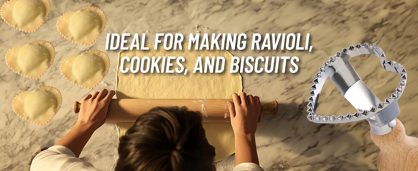 Fante’s Ravioli Maker Stamp With Wooden Handle, Fluted Heart Shape, For Homemade Pasta, Cookies, Everyday Meals, And Holidays, 2.5-Inch