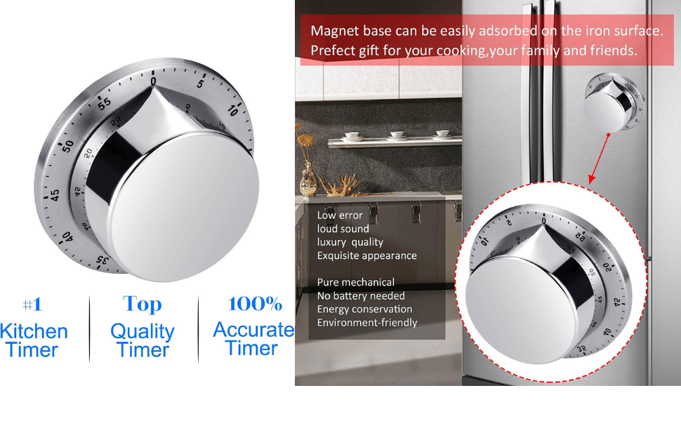 Kitchen Timers for Cooking, Chef Cooking Timer Clock with Loud Alarm - Magnetic Backing 100% Mechanical Desk Timer - No Batteries Required, Countdown Reminder Magnetic - Exquisite Stainless Steel Body