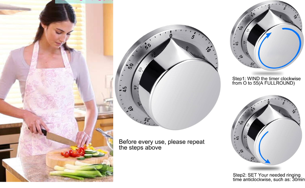 Kitchen Timers for Cooking, Chef Cooking Timer Clock with Loud Alarm - Magnetic Backing 100% Mechanical Desk Timer - No Batteries Required, Countdown Reminder Magnetic - Exquisite Stainless Steel Body