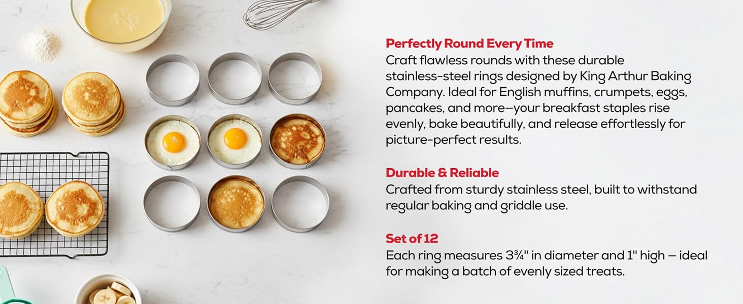 King Arthur Baking Company English Muffin Rings, Stainless Steel, Round Set Of 12 For Cooking And Batch Baking Thinner Batters