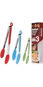 Pack of 3 Stainless Steel Kitchen Tongs with Silicone Tips – Non-Stick Cooking, Grilling & BBQ Tongs for Serving, Dishwasher Safe, 7