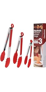 Pack of 3 Stainless Steel Kitchen Tongs with Silicone Tips – Non-Stick Cooking, Grilling & BBQ Tongs for Serving, Dishwasher Safe, 7