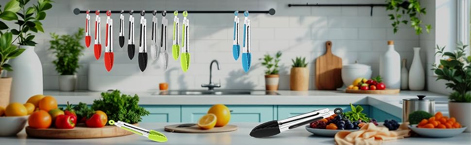 Pack of 3 Stainless Steel Kitchen Tongs with Silicone Tips – Non-Stick Cooking, Grilling & BBQ Tongs for Serving, Dishwasher Safe, 7