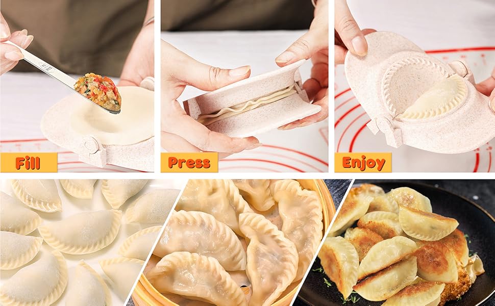 7 Piece Dumpling Maker Kit - All-in-One Empanada Maker Set with Press Molds & Ring Cutters, BPA-Free Kitchen Accessories for Home Cooking, Family/Friends Fun Gift (Beige)