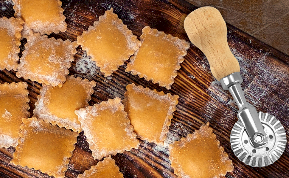 QWORK Ravioli Stamp Maker Cutter with Roller Wheel Set – Wood Handle, Sturdy Aluminum Frame, Precise Fluted Edges – Perfect for Ravioli, Pasta, Cookies