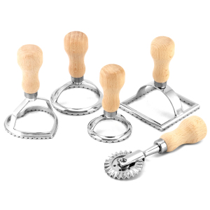 QWORK Ravioli Stamp Maker Cutter with Roller Wheel Set – Wood Handle, Sturdy Aluminum Frame, Precise Fluted Edges – Perfect for Ravioli, Pasta, Cookies