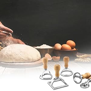 QWORK Ravioli Stamp Maker Cutter with Roller Wheel Set – Wood Handle, Sturdy Aluminum Frame, Precise Fluted Edges – Perfect for Ravioli, Pasta, Cookies