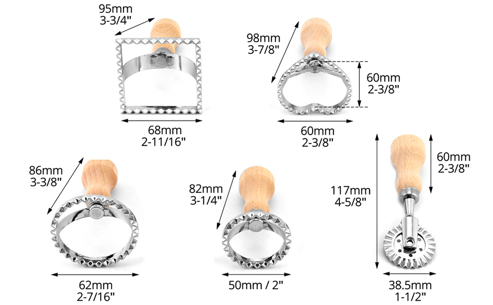 QWORK Ravioli Stamp Maker Cutter with Roller Wheel Set – Wood Handle, Sturdy Aluminum Frame, Precise Fluted Edges – Perfect for Ravioli, Pasta, Cookies