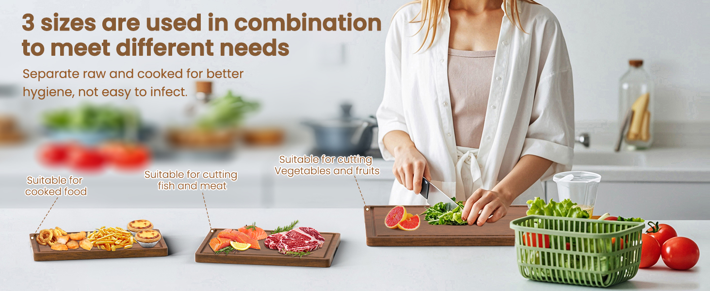 Acacia Wood Cutting Boards Set of 3 for Kitchen, Large Wooden Cutting Board with Juice Groove, Charcuterie Board, Chopping Board for Meat, Cheese, Fruits(17x12, 12x10, 12x7 inch)