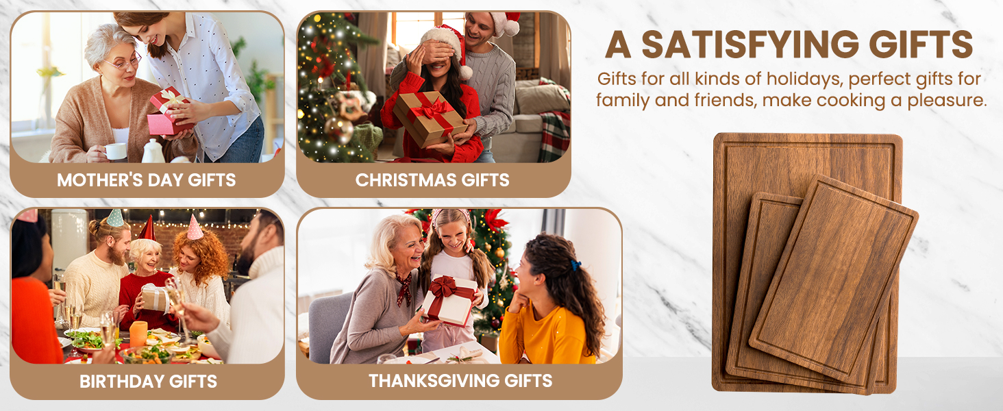 Acacia Wood Cutting Boards Set of 3 for Kitchen, Large Wooden Cutting Board with Juice Groove, Charcuterie Board, Chopping Board for Meat, Cheese, Fruits(17x12, 12x10, 12x7 inch)