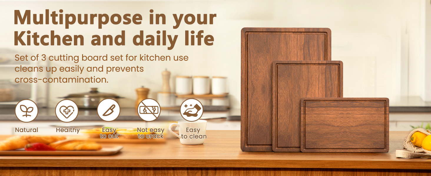 Acacia Wood Cutting Boards Set of 3 for Kitchen, Large Wooden Cutting Board with Juice Groove, Charcuterie Board, Chopping Board for Meat, Cheese, Fruits(17x12, 12x10, 12x7 inch)