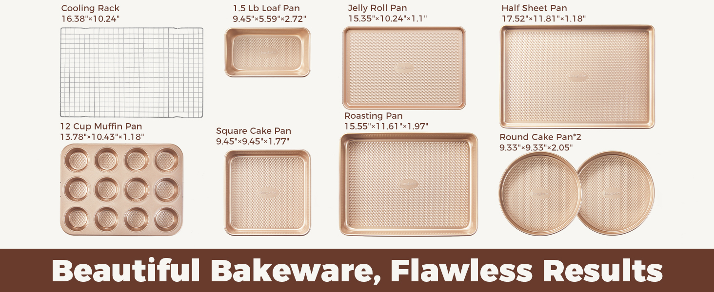 HONGBAKE 9-Piece Baking Pans Set Nonstick, Stackable Non Toxic Bakeware Sets with Diamond Texture, Oven Pan Set for Cooking, Includes Cookie Sheet with Rack, Cake Pan, Roasting Pan, Muffin Tin, Gold