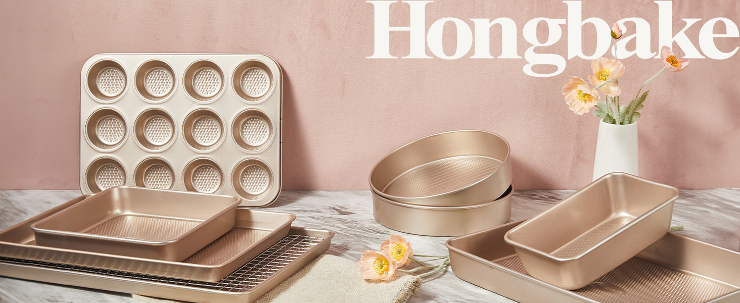 HONGBAKE 9-Piece Baking Pans Set Nonstick, Stackable Non Toxic Bakeware Sets with Diamond Texture, Oven Pan Set for Cooking, Includes Cookie Sheet with Rack, Cake Pan, Roasting Pan, Muffin Tin, Gold