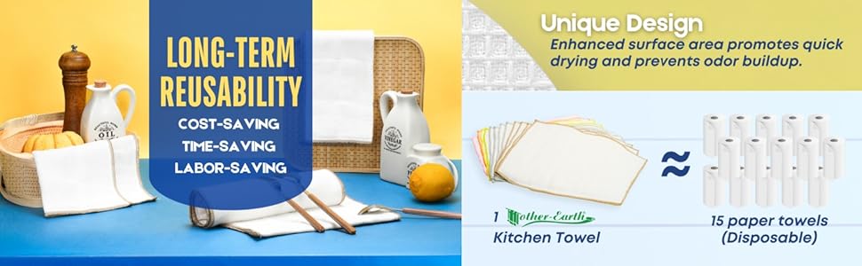 Mother-Earth 6 Pack Cotton Dish Cloths, Ultra Absorbent Quick-Drying Cleaning Cloths, Reusable and Eco-Friendly Dish Rags for Kitchen Use