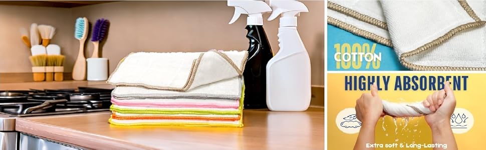 Mother-Earth 6 Pack Cotton Dish Cloths, Ultra Absorbent Quick-Drying Cleaning Cloths, Reusable and Eco-Friendly Dish Rags for Kitchen Use