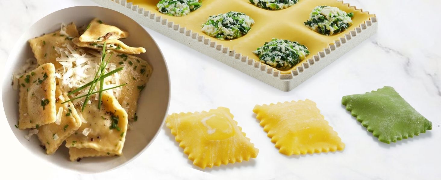 Ravioli Maker Press, Ravioli Press Mold Set - Round, Heart, Square Ravioli Stamp Maker Cutter with Wood Rolling Pin, 2.6