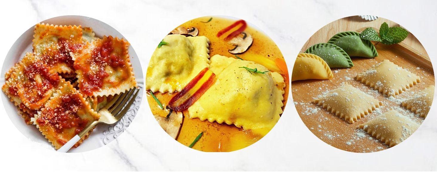 Ravioli Maker Press, Ravioli Press Mold Set - Round, Heart, Square Ravioli Stamp Maker Cutter with Wood Rolling Pin, 2.6