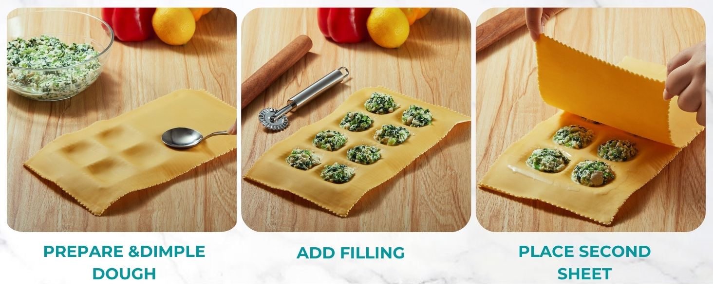 Ravioli Maker Press, Ravioli Press Mold Set - Round, Heart, Square Ravioli Stamp Maker Cutter with Wood Rolling Pin, 2.6