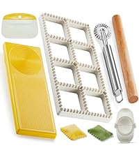 Ravioli Maker Press, Ravioli Press Mold Set - Round, Heart, Square Ravioli Stamp Maker Cutter with Wood Rolling Pin, 2.6