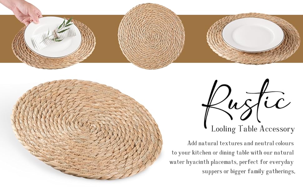 Round Woven Placemats Set of 6, Natural Water Hyacinth Place mats, 12 inch Rattan Placemats Wicker Placemats Farmhouse Boho Braided Heat Resistant Outdoor Placemat Patio Table Place Mats