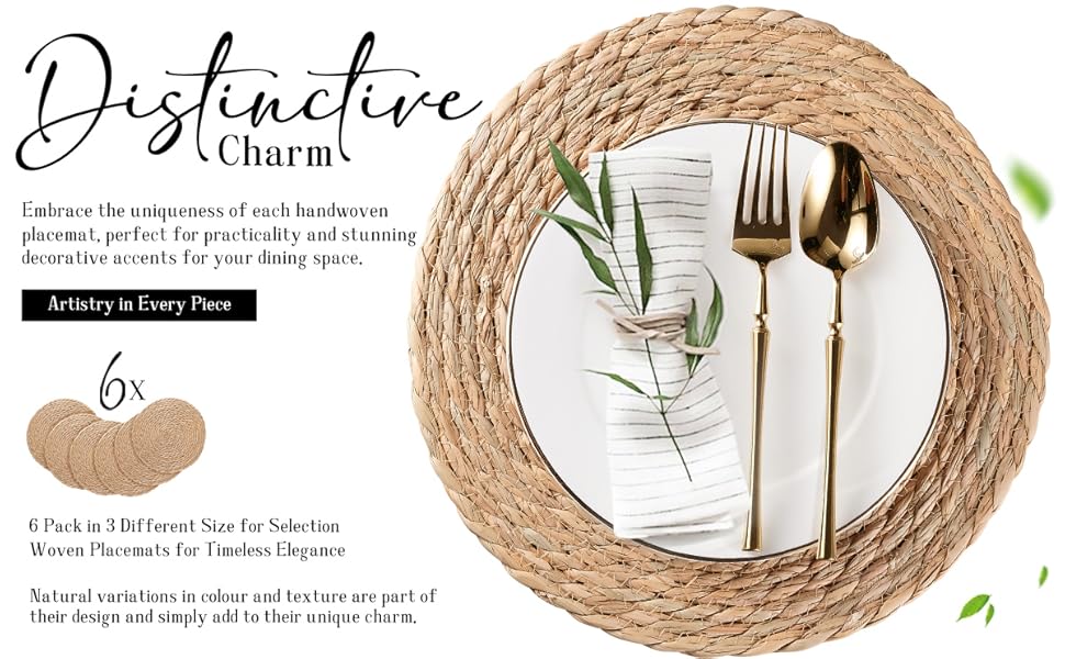 Round Woven Placemats Set of 6, Natural Water Hyacinth Place mats, 12 inch Rattan Placemats Wicker Placemats Farmhouse Boho Braided Heat Resistant Outdoor Placemat Patio Table Place Mats