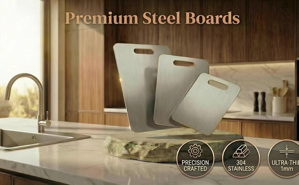 Stainless Steel Cutting Boards for Kitchen, 3 PCS Non Toxic Metal Chopping Board Set, Dishwasher Safe & Warp Proof (15.3"x11", 13.4"x9", 11.8"x7.9" Inch)
