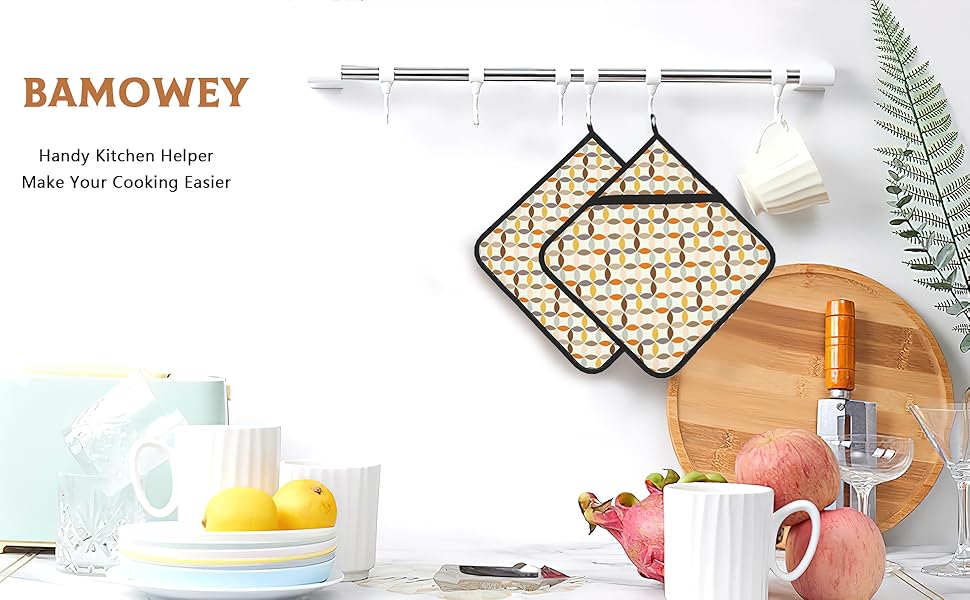 2PCS Brown Coffee Pot Holder with Loop,Vintage Latte Heat Resistant Oven Pads, Hot Pat for Kitchen Cooking Baking Food