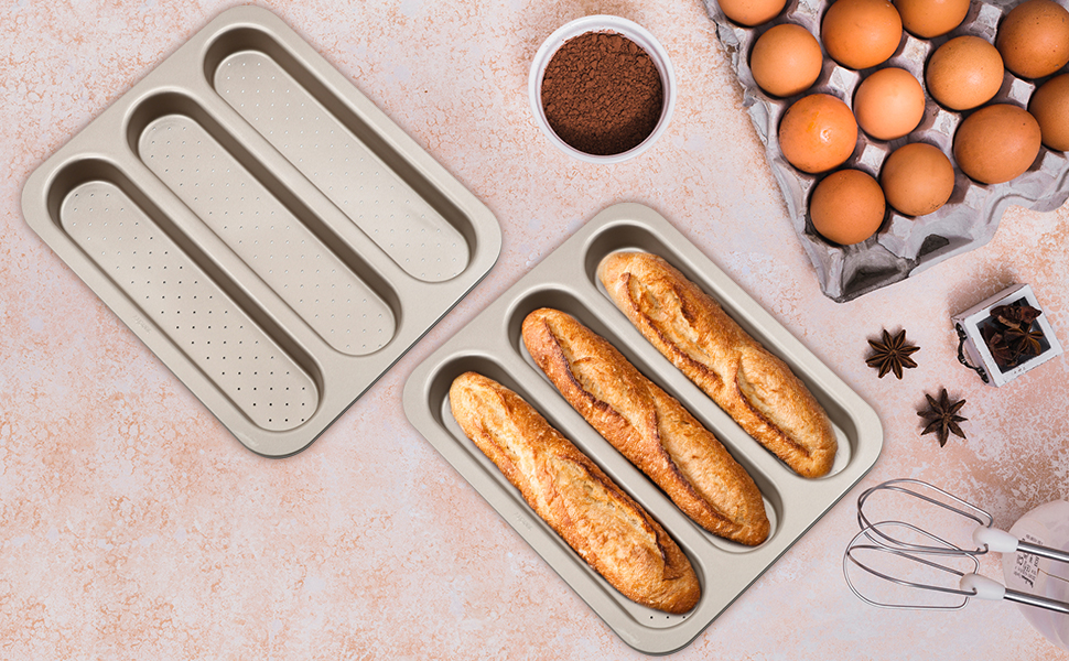 Durable Carbon Steel Baguette Baking Molds, Nonstick French Bread Pan with Rectangular Slots, Specialty 3-Cavity Baguette Mold - Essential Kitchen Tool for Home Bakers (Baguette mold)