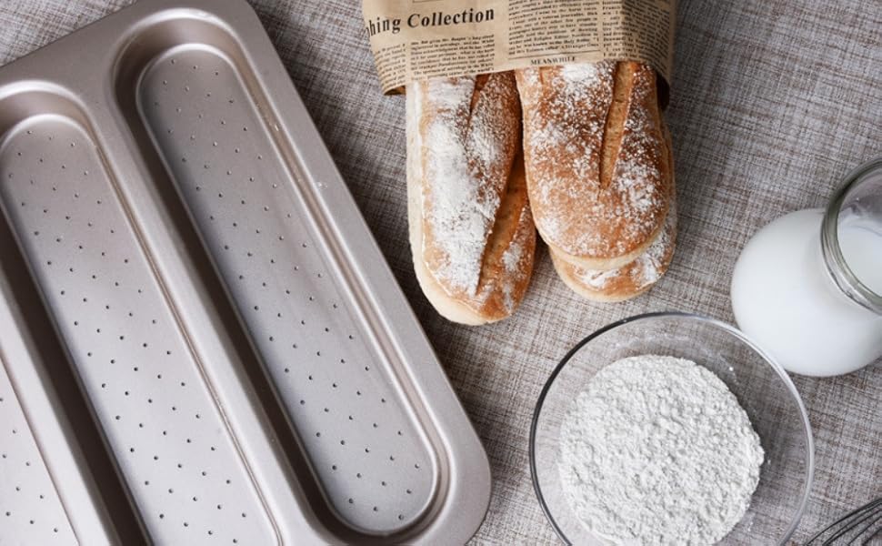 Durable Carbon Steel Baguette Baking Molds, Nonstick French Bread Pan with Rectangular Slots, Specialty 3-Cavity Baguette Mold - Essential Kitchen Tool for Home Bakers (Baguette mold)