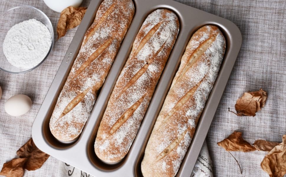 Durable Carbon Steel Baguette Baking Molds, Nonstick French Bread Pan with Rectangular Slots, Specialty 3-Cavity Baguette Mold - Essential Kitchen Tool for Home Bakers (Baguette mold)