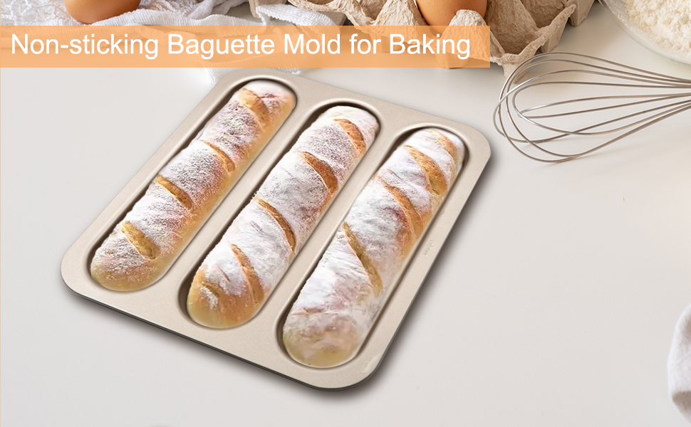 Durable Carbon Steel Baguette Baking Molds, Nonstick French Bread Pan with Rectangular Slots, Specialty 3-Cavity Baguette Mold - Essential Kitchen Tool for Home Bakers (Baguette mold)
