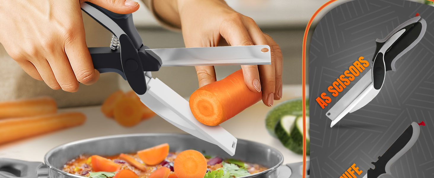 Cutting Board Scissors - 2 In 1 Kitchen Scissors with Cutting Board Knife Combo with Safety Lock and Storage Holder, Sharp Stainless Steel Blade, Dishwasher Safe - For Slicing Vegetables and Fruits