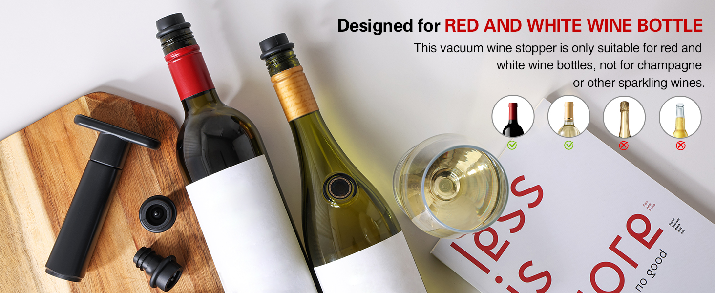 WOTOR Wine Saver Vacuum Pump with 4 Stoppers, Wine Stopper & Preserver, Reusable Bottle Sealer Keeps Fresh, Ideal Accessories Gift (Flat Handle)