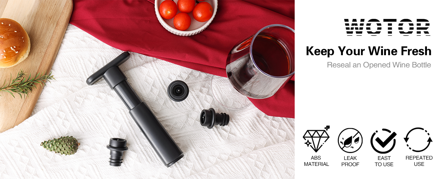WOTOR Wine Saver Vacuum Pump with 4 Stoppers, Wine Stopper & Preserver, Reusable Bottle Sealer Keeps Fresh, Ideal Accessories Gift (Flat Handle)