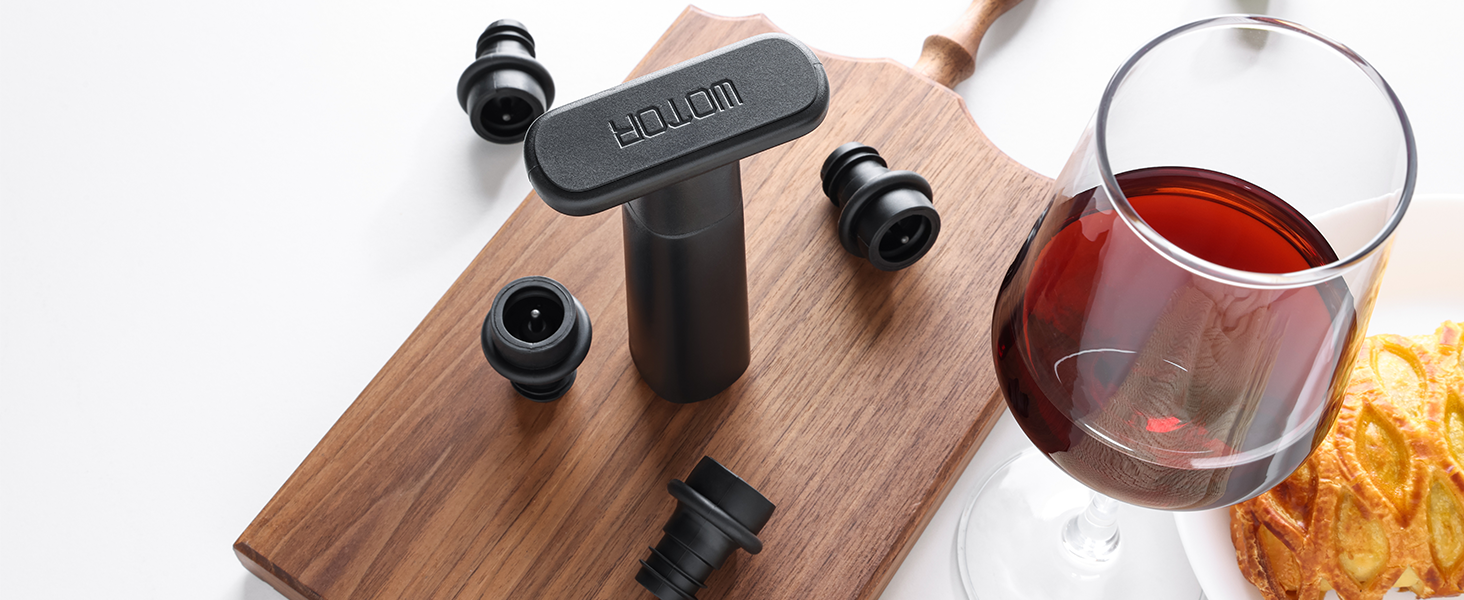 WOTOR Wine Saver Vacuum Pump with 4 Stoppers, Wine Stopper & Preserver, Reusable Bottle Sealer Keeps Fresh, Ideal Accessories Gift (Flat Handle)