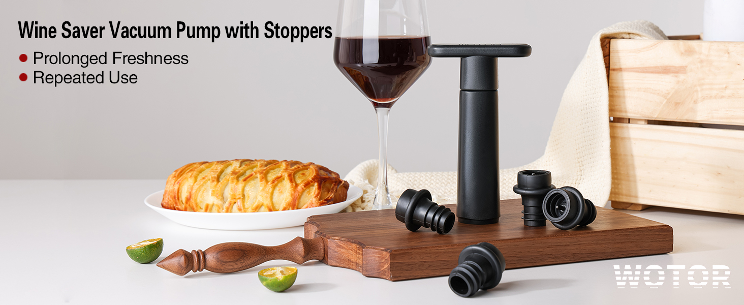 WOTOR Wine Saver Vacuum Pump with 4 Stoppers, Wine Stopper & Preserver, Reusable Bottle Sealer Keeps Fresh, Ideal Accessories Gift (Flat Handle)