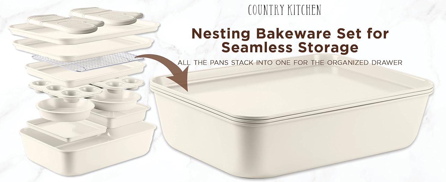 Country Kitchen Nonstick Stackable Bakeware Set - Deluxe Heavy Duty, Durable, Easy Release Baking Set, Cream, 13 Pcs