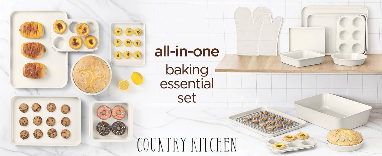 Country Kitchen Nonstick Stackable Bakeware Set - Deluxe Heavy Duty, Durable, Easy Release Baking Set, Cream, 13 Pcs