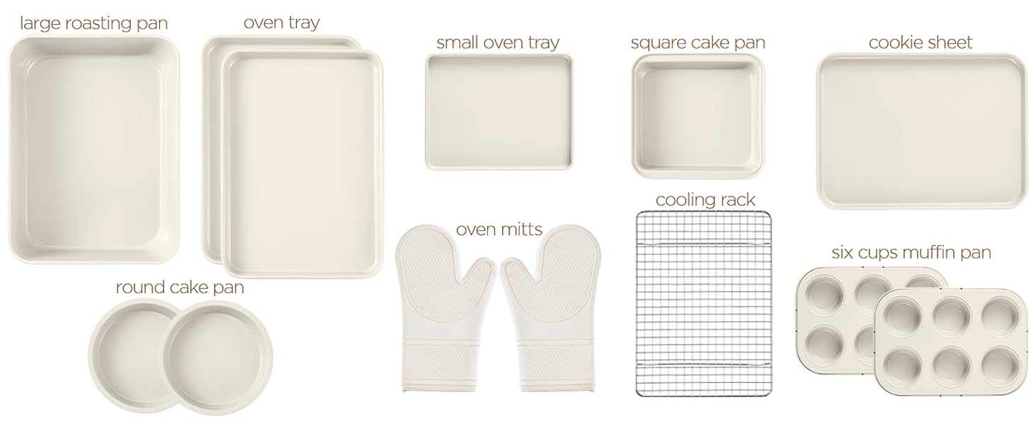 Country Kitchen Nonstick Stackable Bakeware Set - Deluxe Heavy Duty, Durable, Easy Release Baking Set, Cream, 13 Pcs