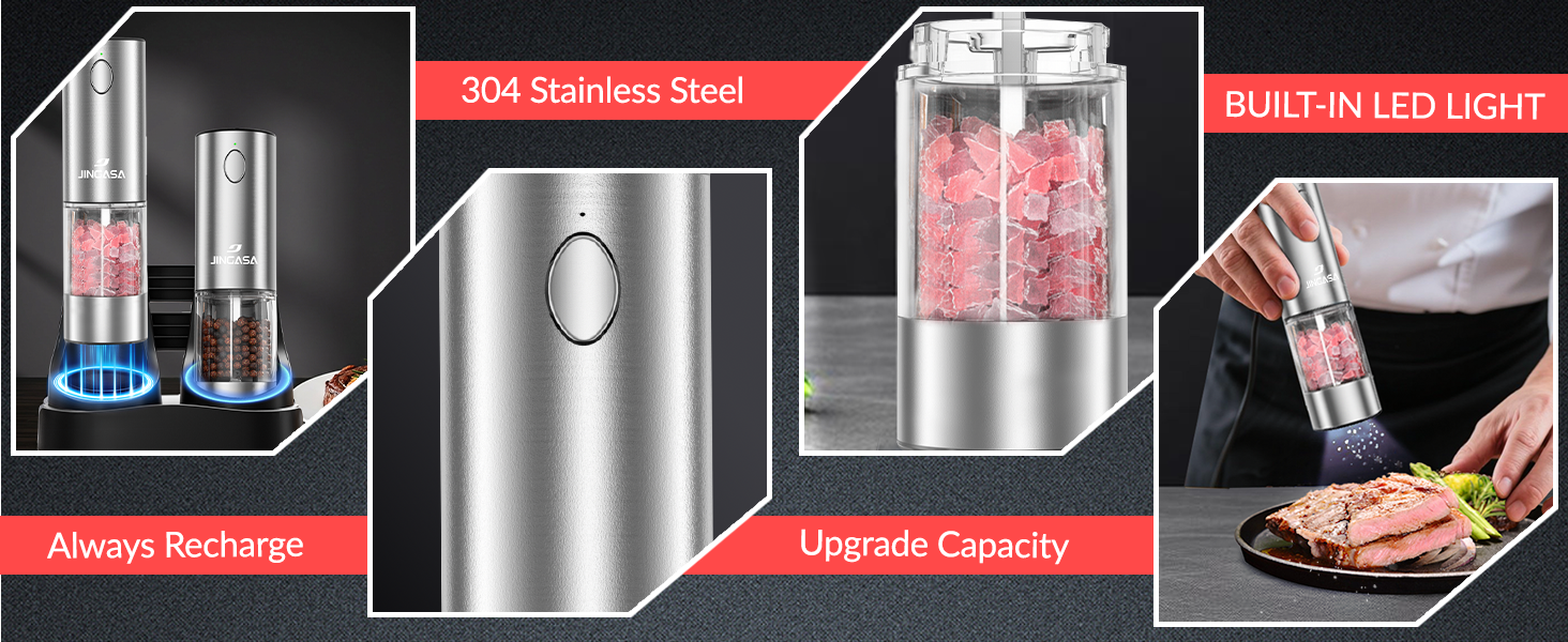[Upgraded Larger Capacity] Electric Salt and Pepper Grinder Set with USB Charging Base, 95ml Large Capacity, Adjustable Coarseness,Stainless Steel Automatic Pepper Mill (Upgraded Capacity-A)